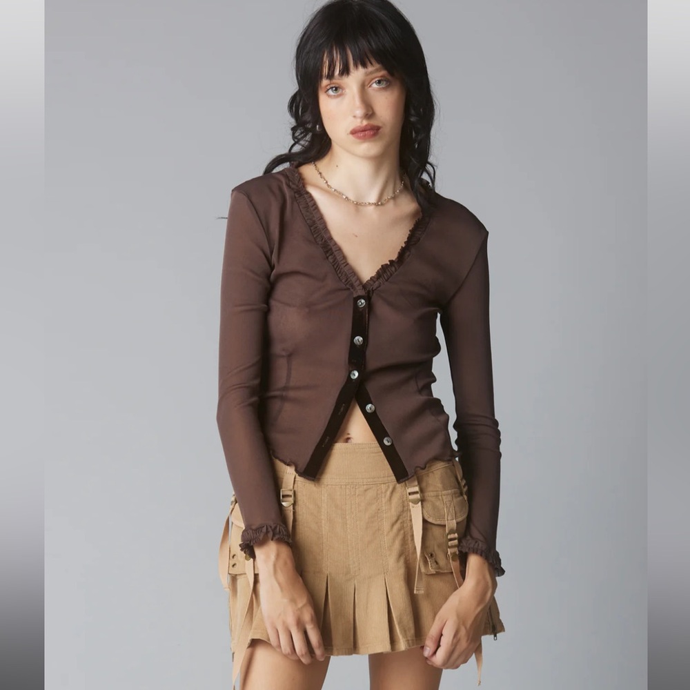 Unif Lourd Top Size XS Brown Sheer Button Up